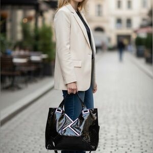KOOBA black patent leather satchel bag. Top Double zipper. Shiny metallic trim